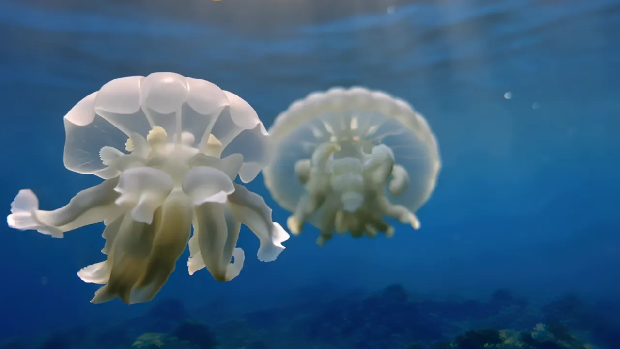 Graceful Cannonball Jellyfish Drifting in Deep Blue Ocean