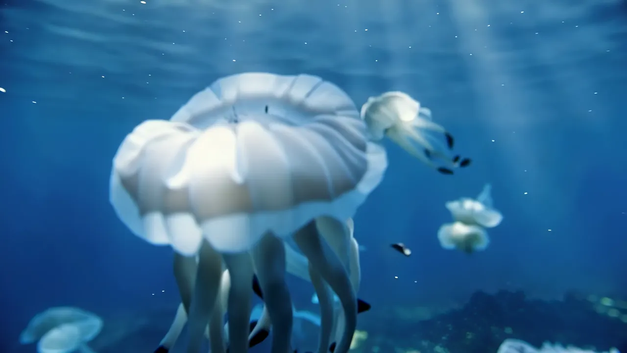 Graceful Jellyfish Moving Through Volumetric Light Rays