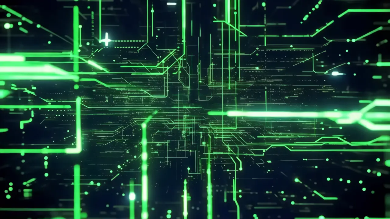 Green Digital Pulsing Energy Animation with Circuit Patterns