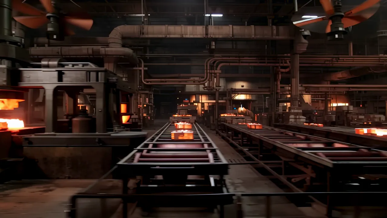 Heavy Industrial Forge with Glowing Metal and Hydraulic Press