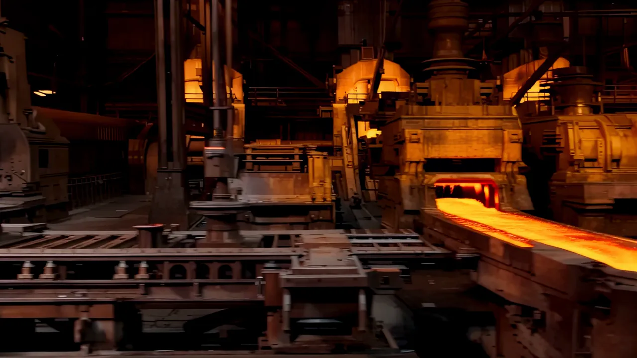 Heavy Industrial Forge with Hydraulic Press Shaping Metal