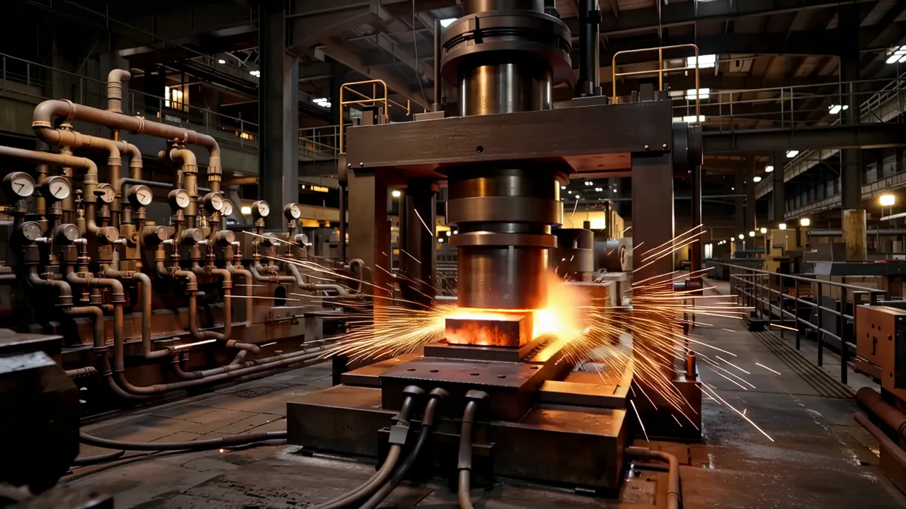 Heavy Industrial Forge with Hydraulic Press Shaping Metal