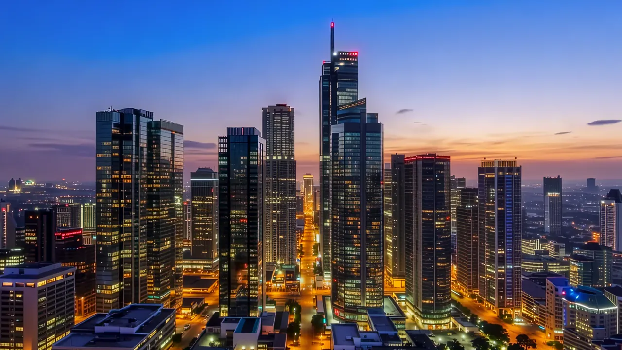 High-Rise Buildings in a Modern City Center at Sunset