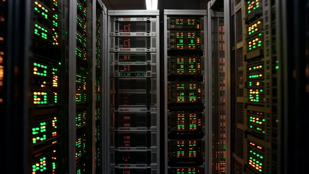 Hot aisle view between server racks with glowing LED lights