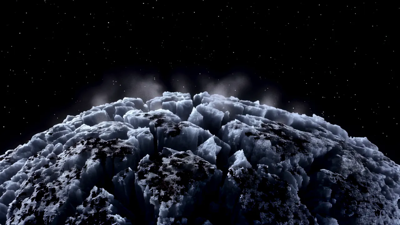 Icy Moon Surface with Fractured Terrain and Faint Plumes
