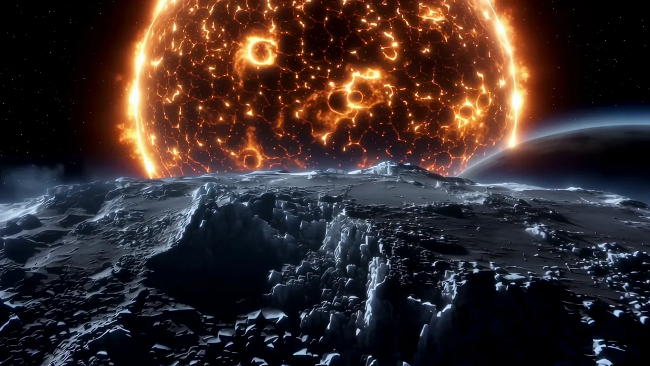 Icy Moon Surface with Fractured Terrain and Faint Plumes
