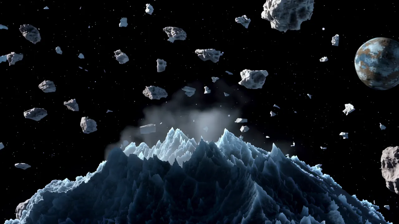 Icy Moon Surface with Fractured Terrain and Plumes