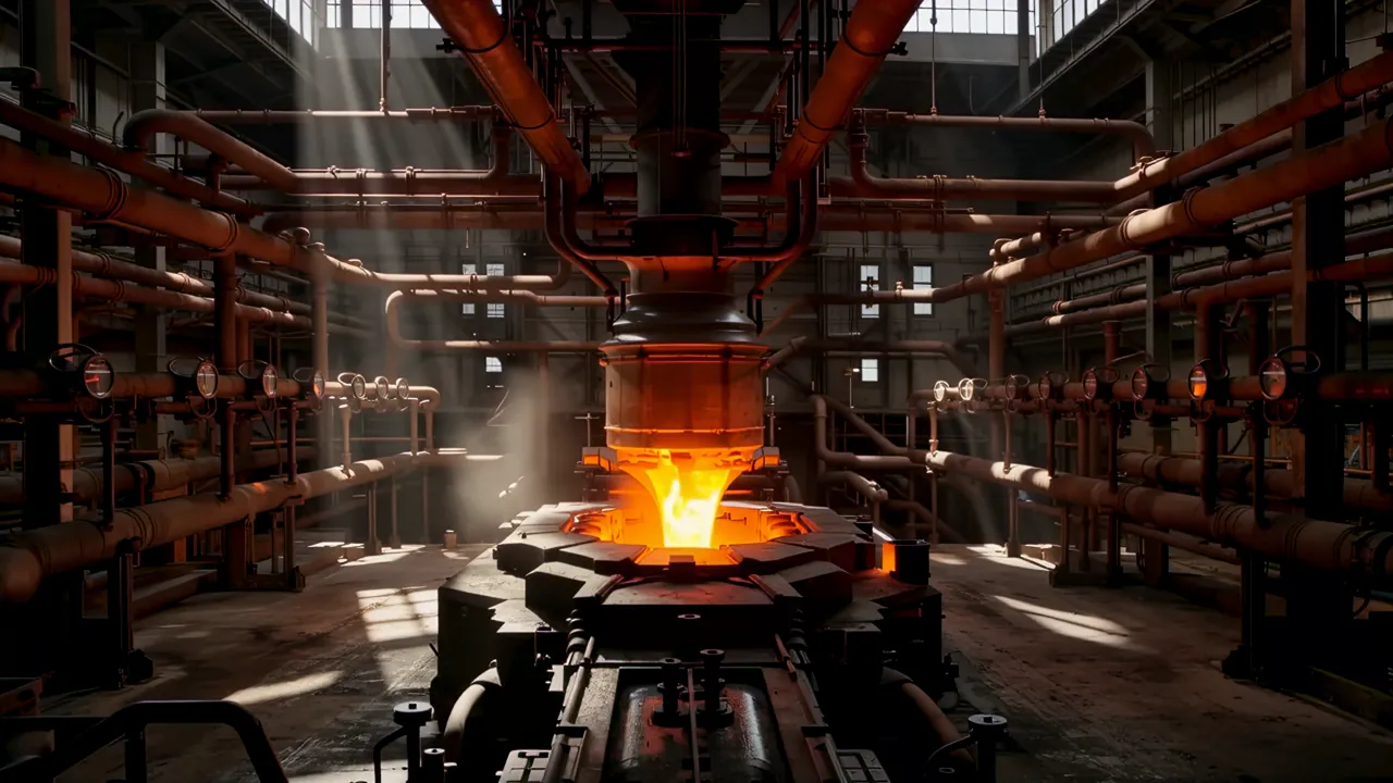 Industrial Foundry with Glowing Molten Iron Pouring
