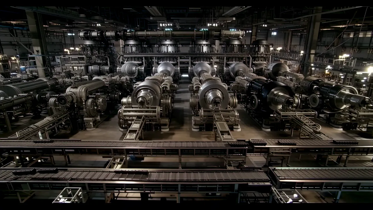 Industrial Power Plant Interior with Turbines and Generators