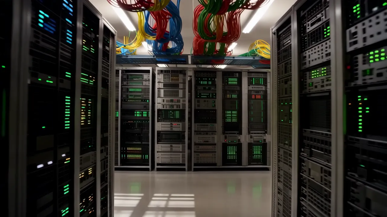 Inside a Server Room with LED Lights and Racks