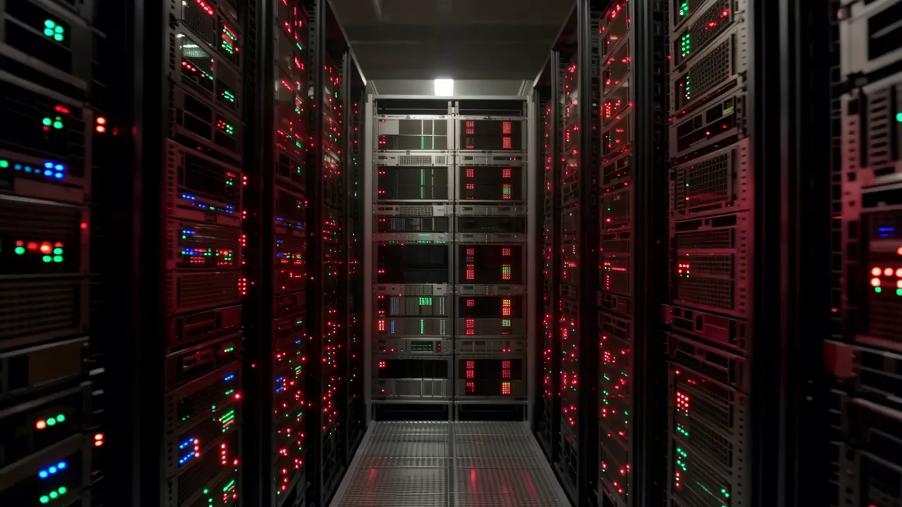 Inside Data Center: Aisle with LED Lit Server Racks