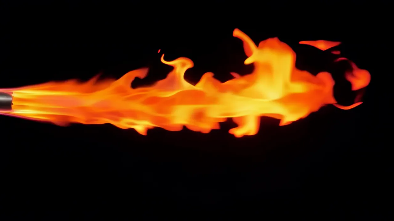Intense Concentrated Blowtorch Flame Jet Against Black Background