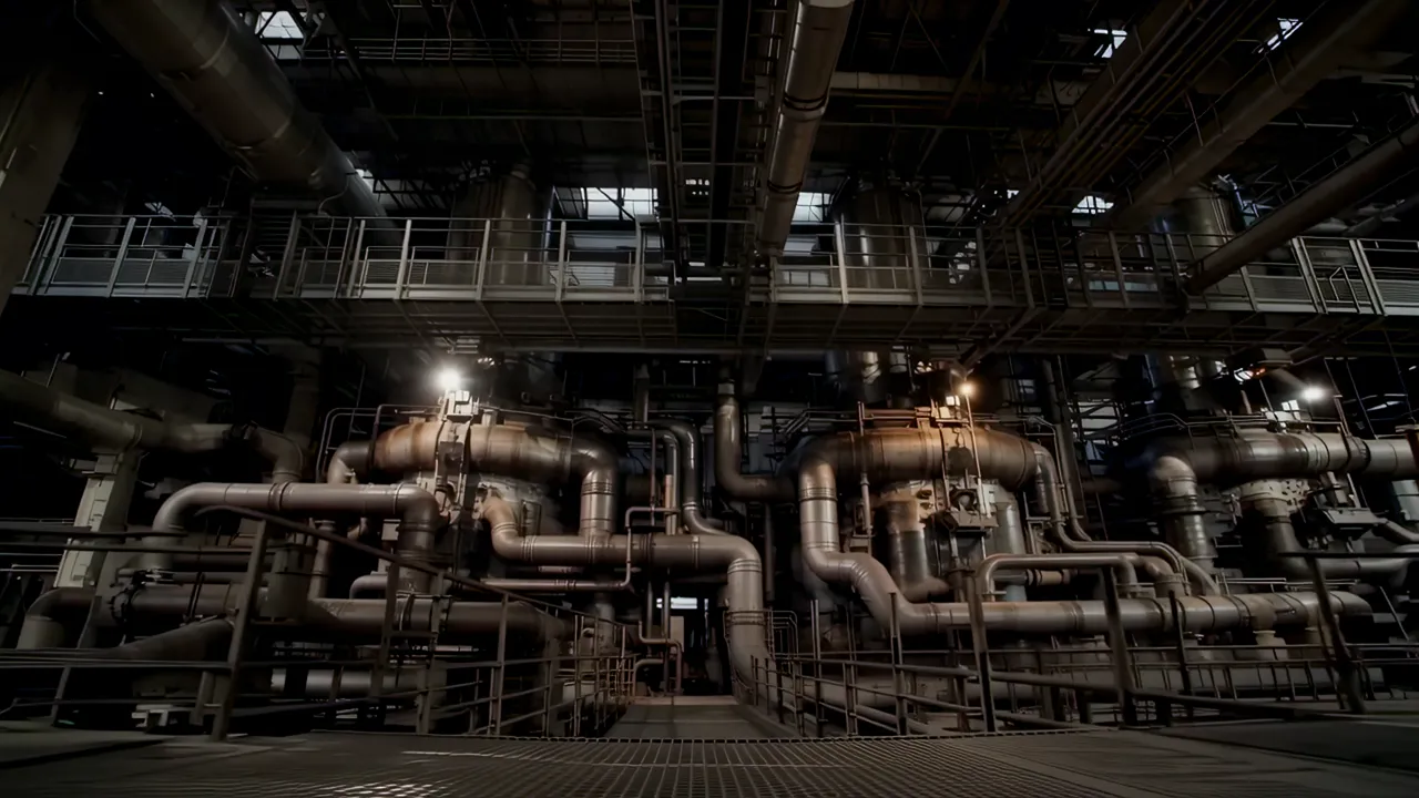 Interior of a Coal Power Station with Boiler Systems and Pipes