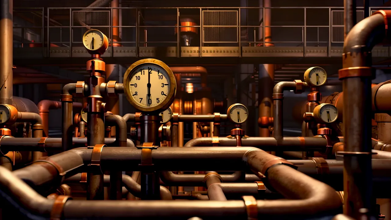 Interior of Oil Refinery with Pipes and Pressure Gauges