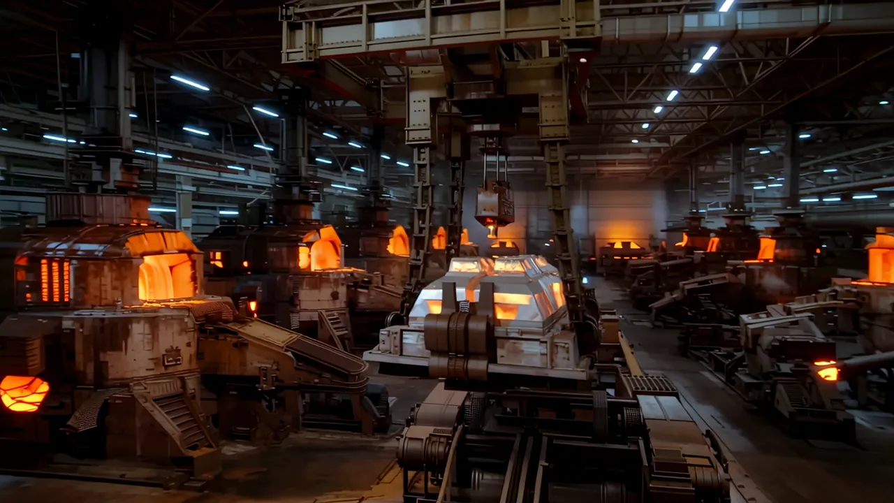 Interior View of Steel Mill with Glowing Furnaces