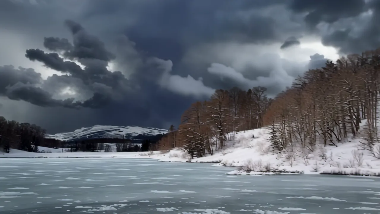 Intricate Ice Crystal Patterns on Frozen Lake Surface