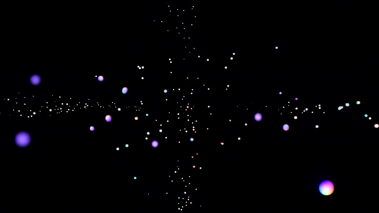 Iridescent Light Particles Falling Against Dark Background
