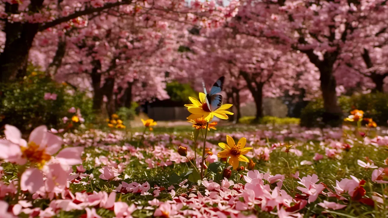 Japanese Cherry Blossom Garden with Fallen Petals