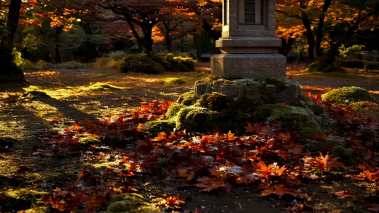 Japanese Temple Garden in Autumn with Red Maple Leaves