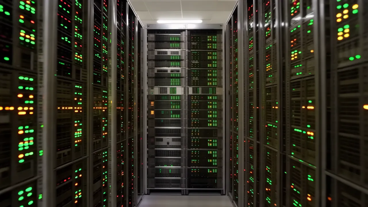 Large Data Center Floor with Rows of High-Tech Equipment