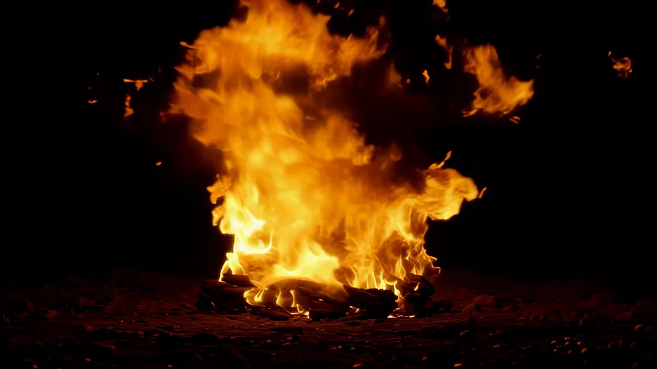 Large Fire Burst Expanding Outward on Black Background