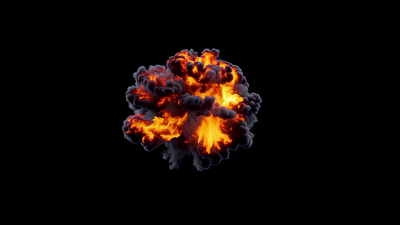 Large Fireball Explosion Expanding Outward in Black Background