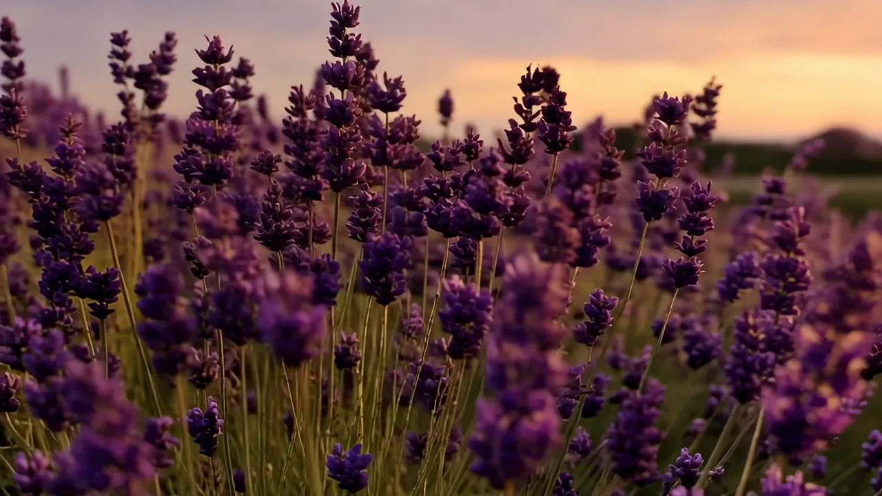 Lavender Field at Dusk with Soft Light and Warm Sky