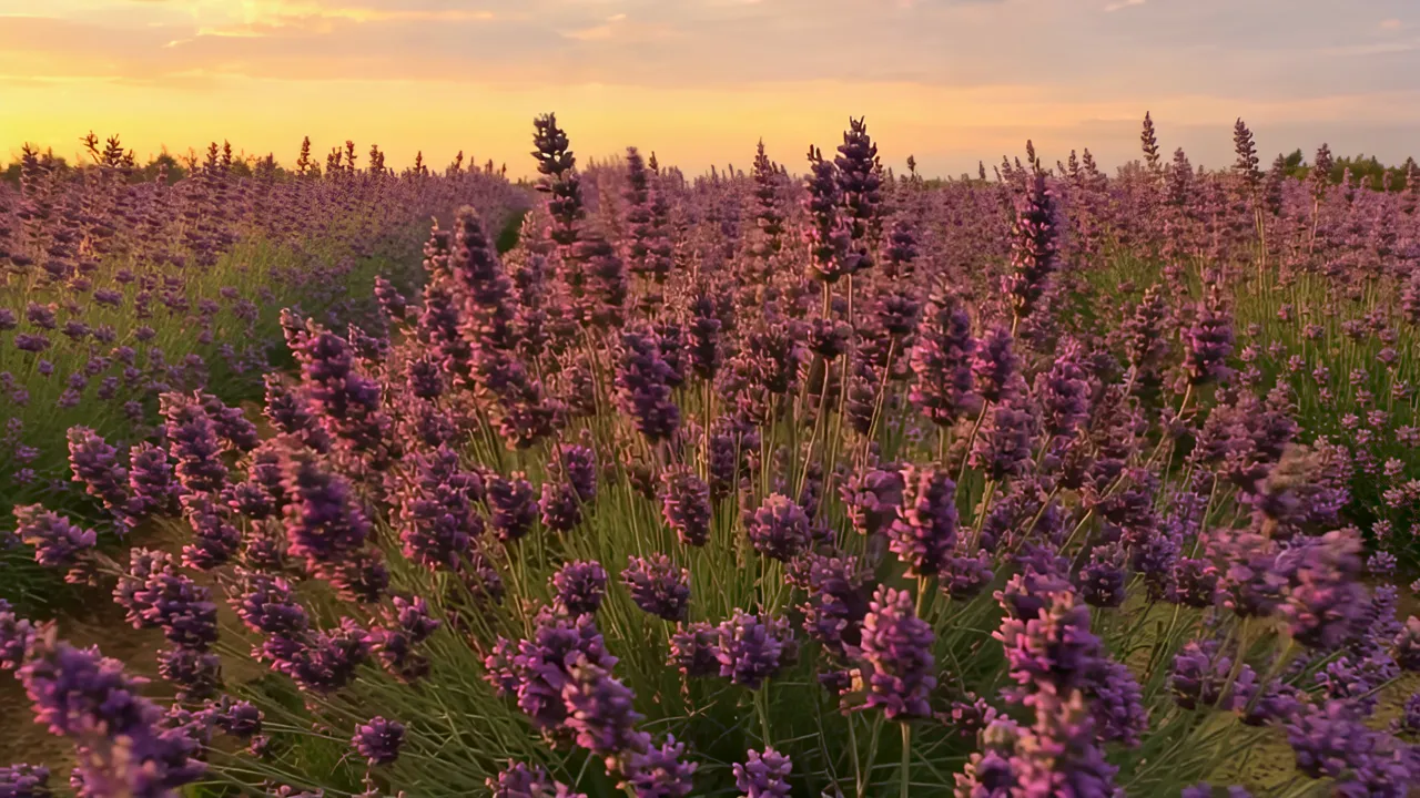 Lavender Field at Dusk with Soft Light and Warm Sky