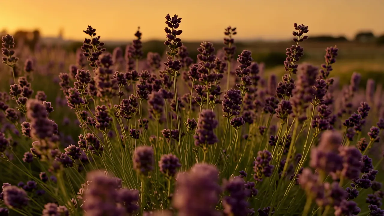 Lavender Field at Dusk with Warm Sky and Gentle Light