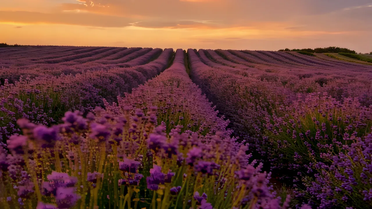 Lavender Field at Dusk with Warm Sky and Soft Light