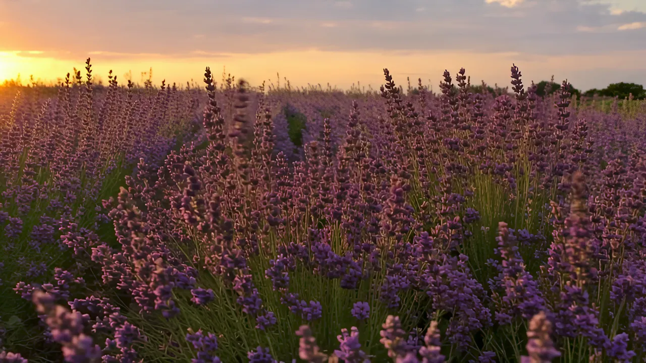 Lavender Field at Dusk with Warm Sky