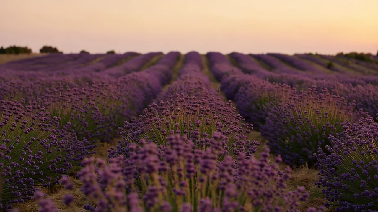 Lavender Field at Dusk with Warm Sky