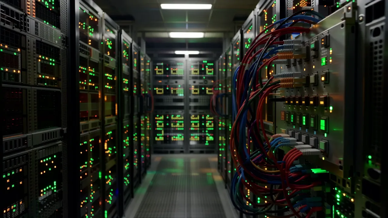 Long Corridor of Blinking LED Server Racks