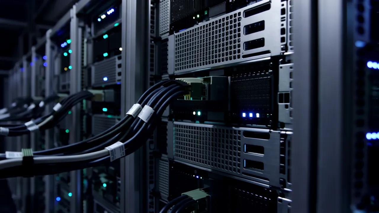 Long Corridor of Server Racks with Blinking LED Lights
