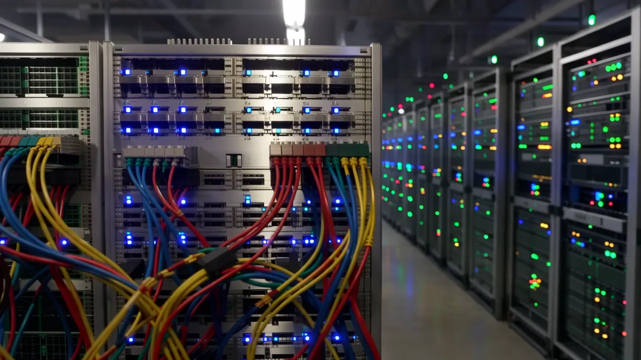 Long Corridor of Server Racks with Blinking LED Lights