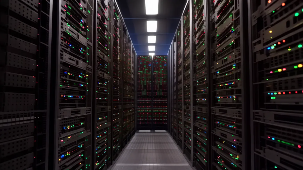 Long Corridor of Server Racks with Blinking LED Lights