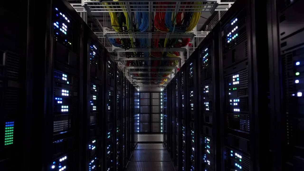 Long Corridor of Server Racks with Blinking LED Lights