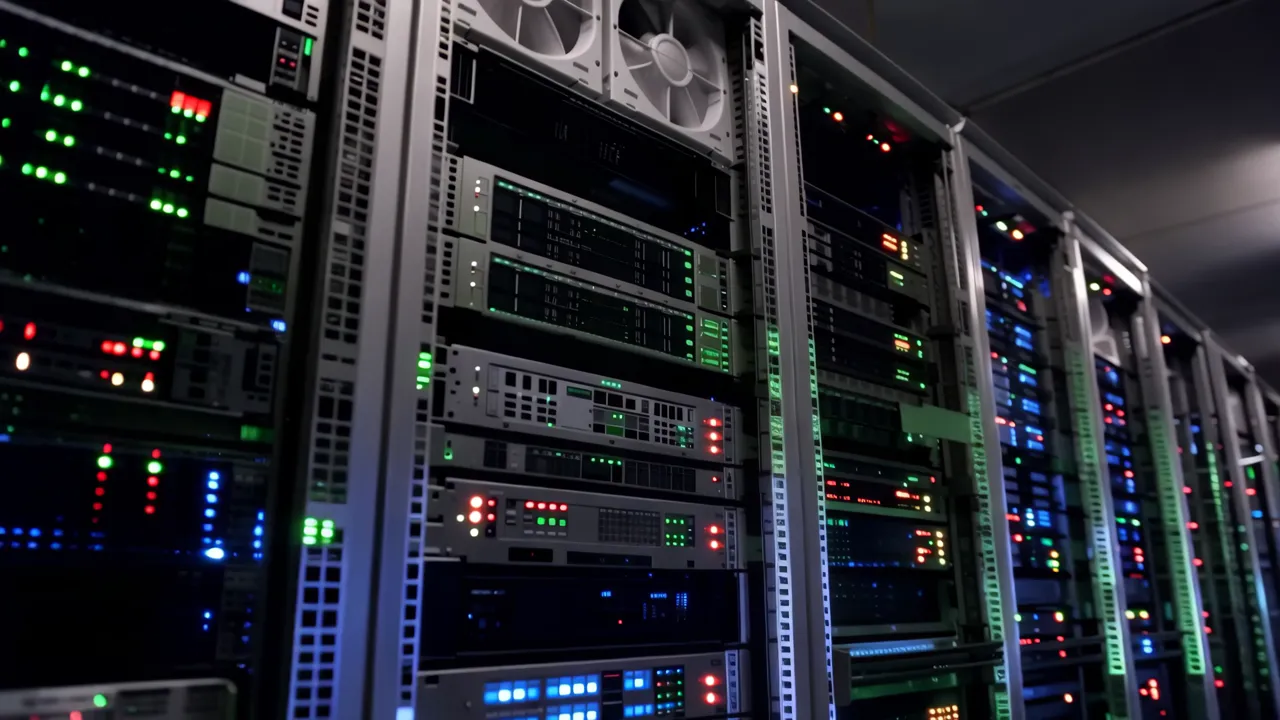 Long Corridor of Server Racks with Blinking LED Lights