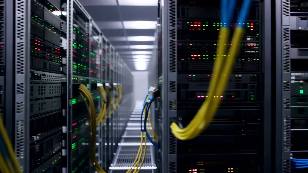 Long Corridor of Server Racks with Blinking LED Lights