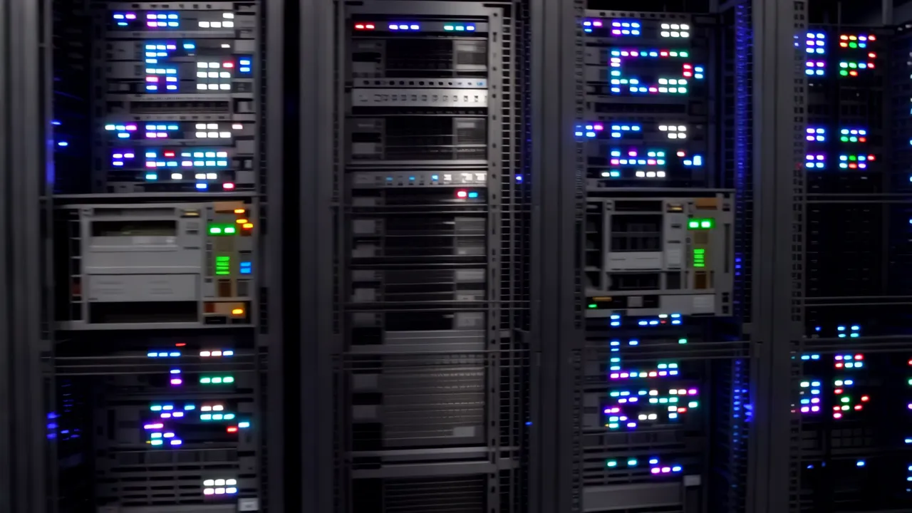 Long Corridor of Server Racks with Blinking LED Lights