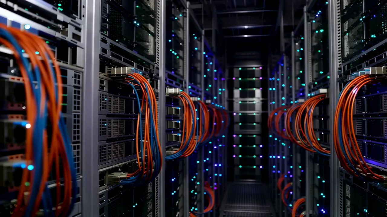 Long Corridor of Server Racks with Blinking LED Lights