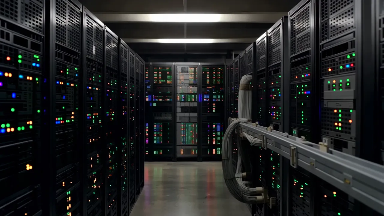 Long Corridor of Server Racks with Blinking LED Lights