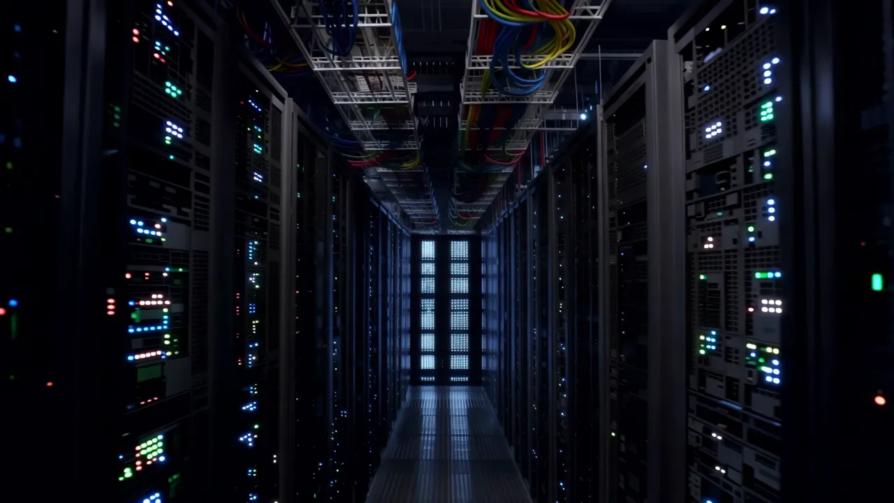 Long Corridor of Server Racks with Blinking LED Lights