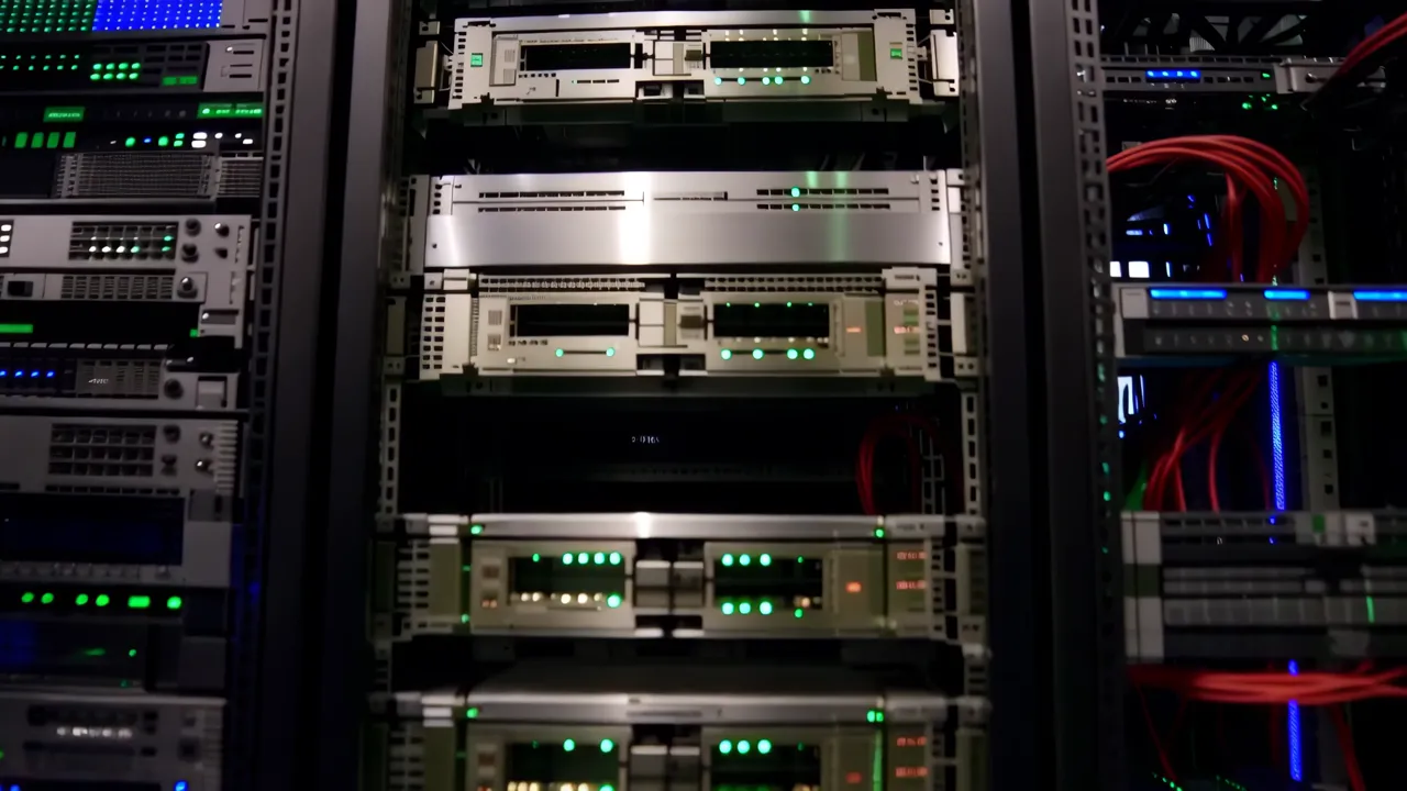 Long Corridor of Server Racks with LED Lights