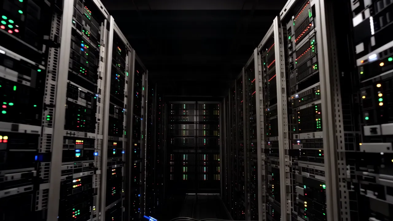 Long Corridor of Server Racks with LED Lights