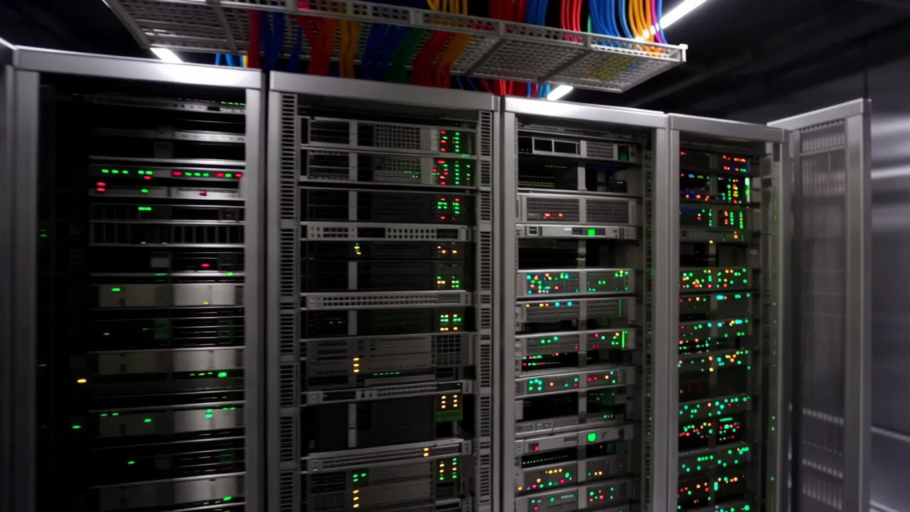Long Corridor of Server Racks with LED Status Lights