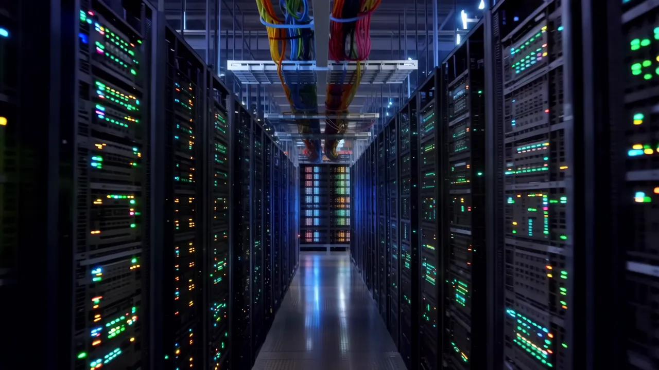 Long Corridor of Server Racks with LED Status Lights