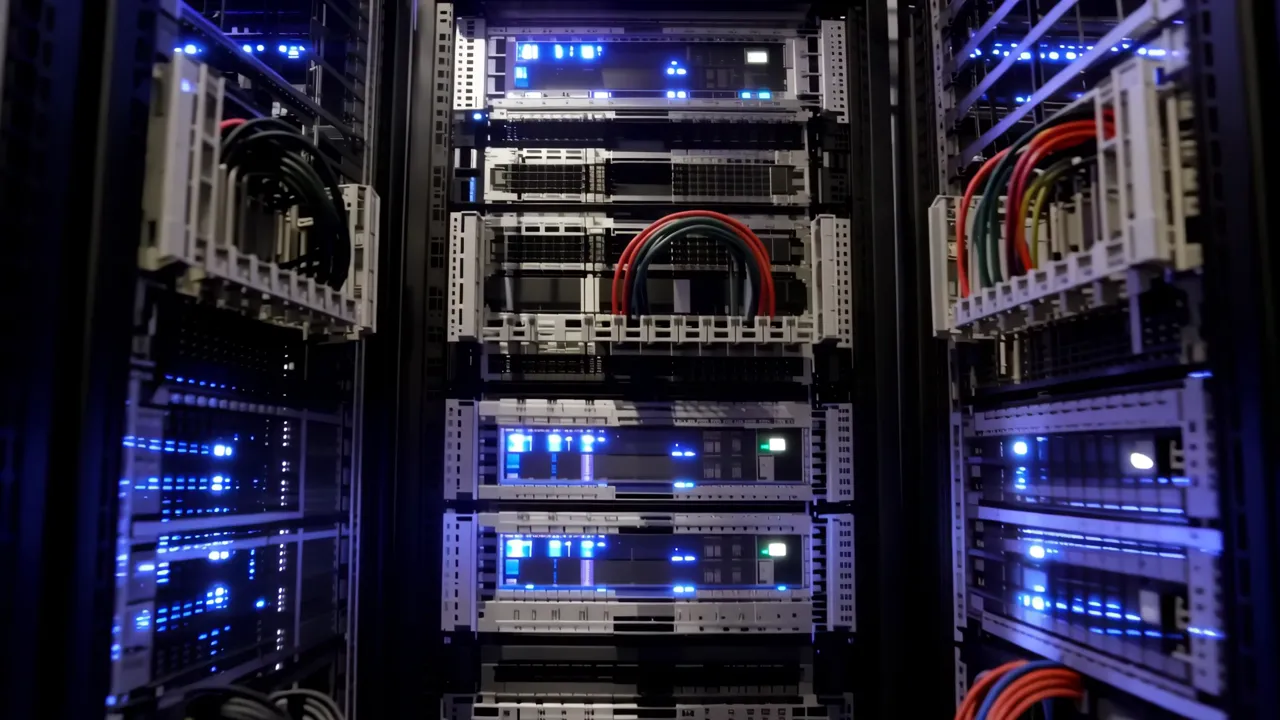 Looking Down a Hot Aisle Between Server Racks