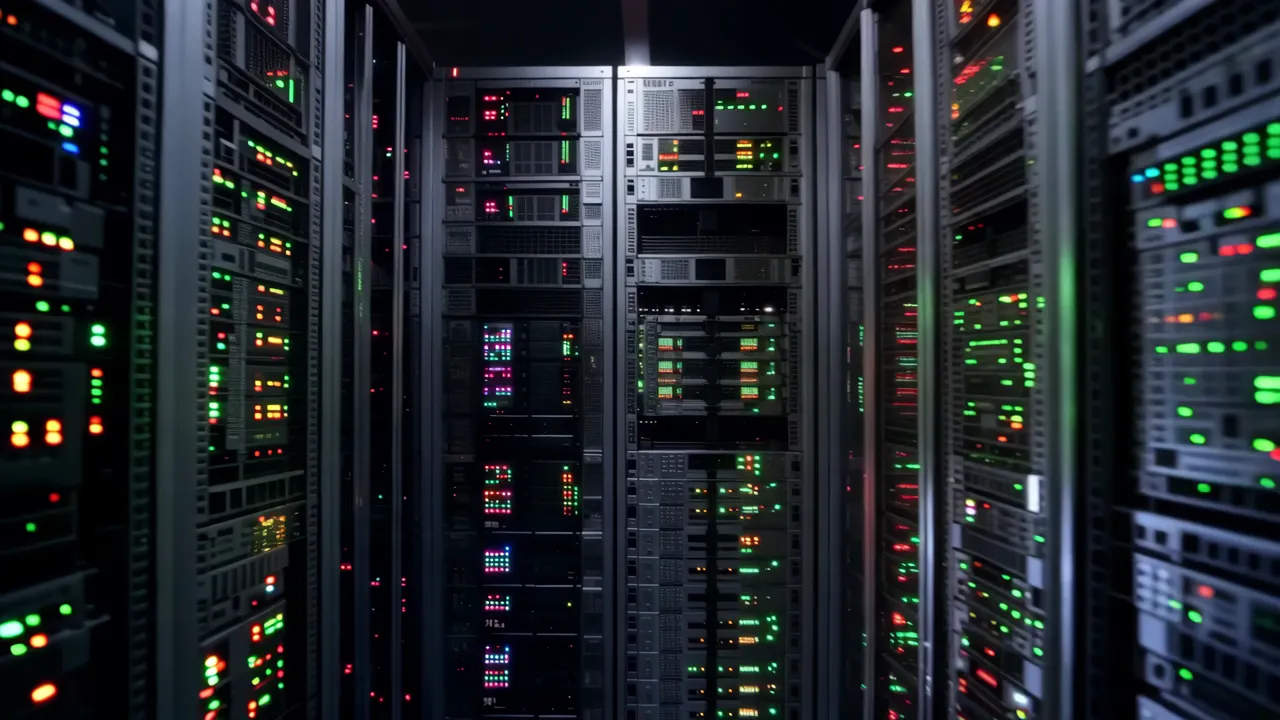 Looking Down a Hot Aisle Between Server Racks with LED Lights