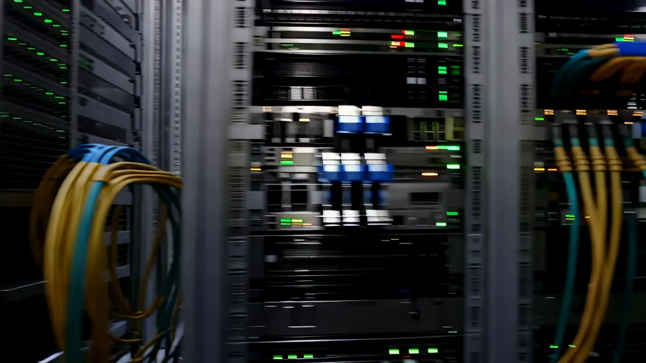Looking Down Aisle of Server Room with Green Lights